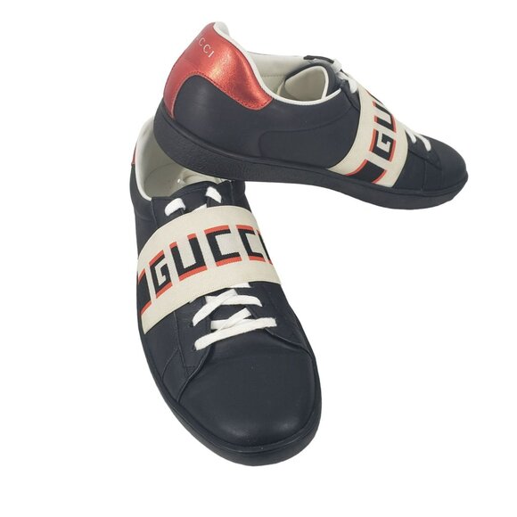 Gucci Mens Ace Stripe Sneakers Black White Stripe Red Heel Designer Low Top Shoe - Picture 8 of 12
